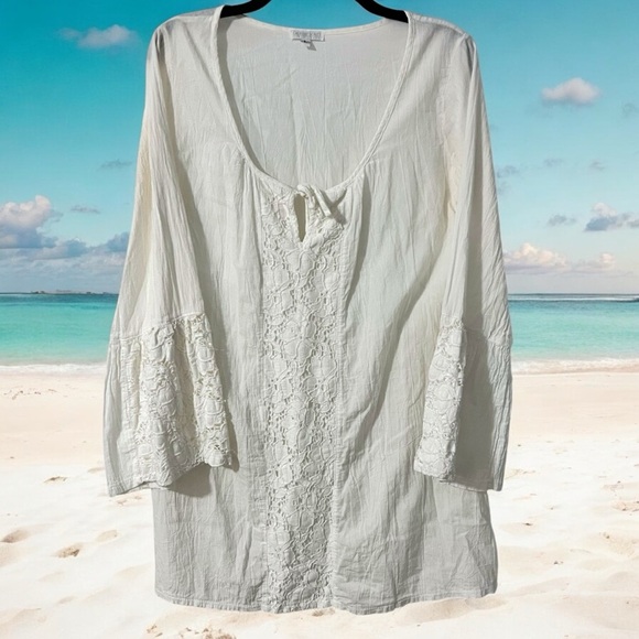 Debbie Katz Cover Up White Crochet Boho Size Large South Beach Resort Vacation - Picture 1 of 7